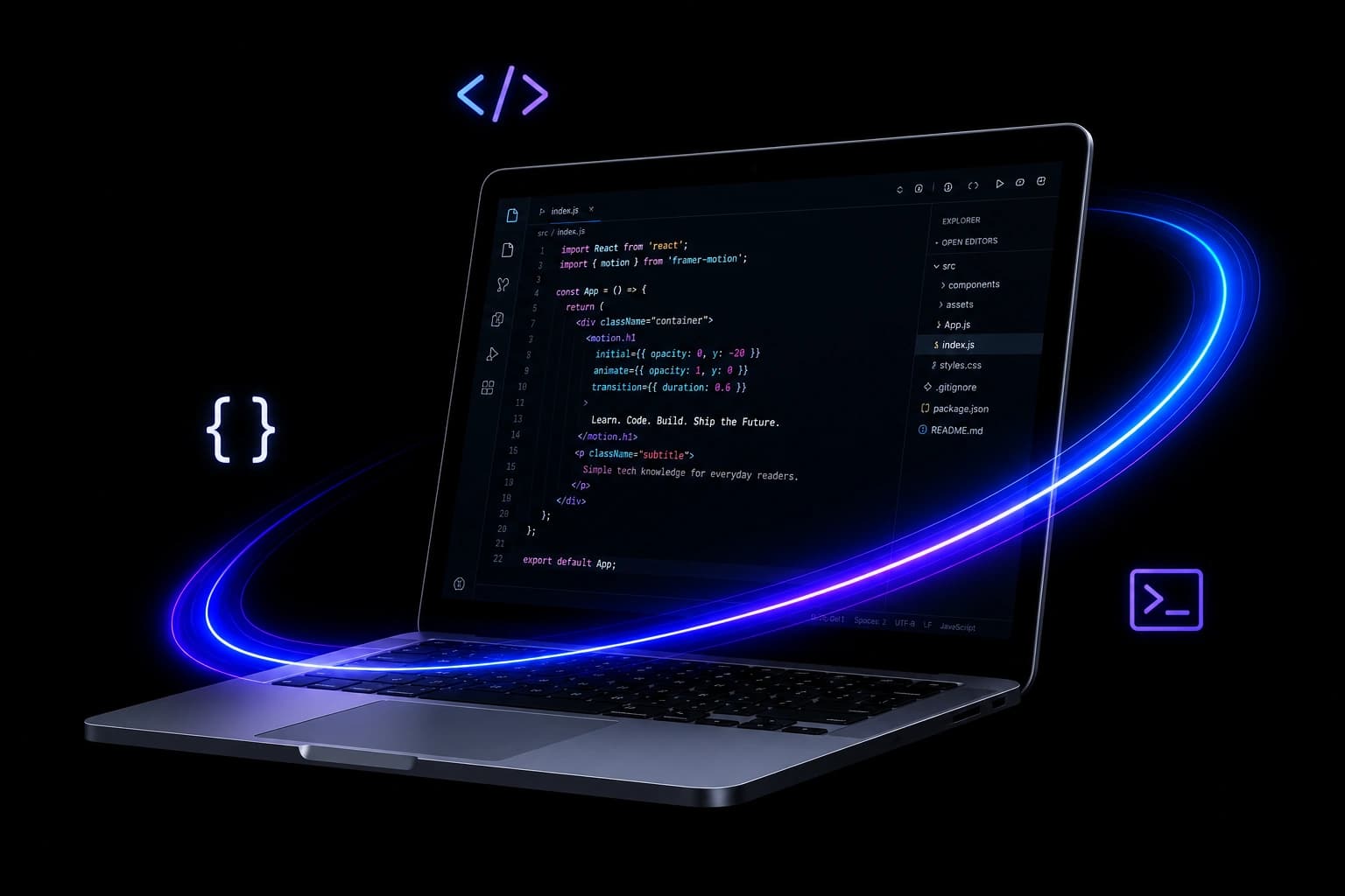 Laptop with glowing code editor interface