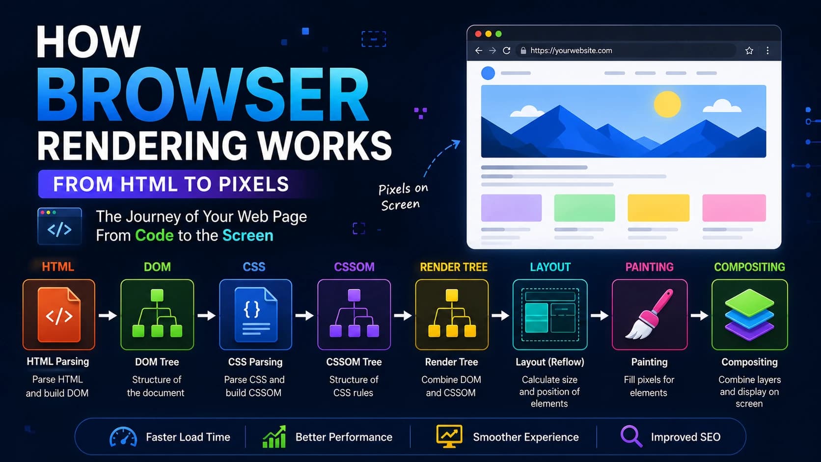 how browser rendering works from HTML parsing to painting and compositing. Understand the DOM, CSSOM, Render Tree, layout, and performance optimization.