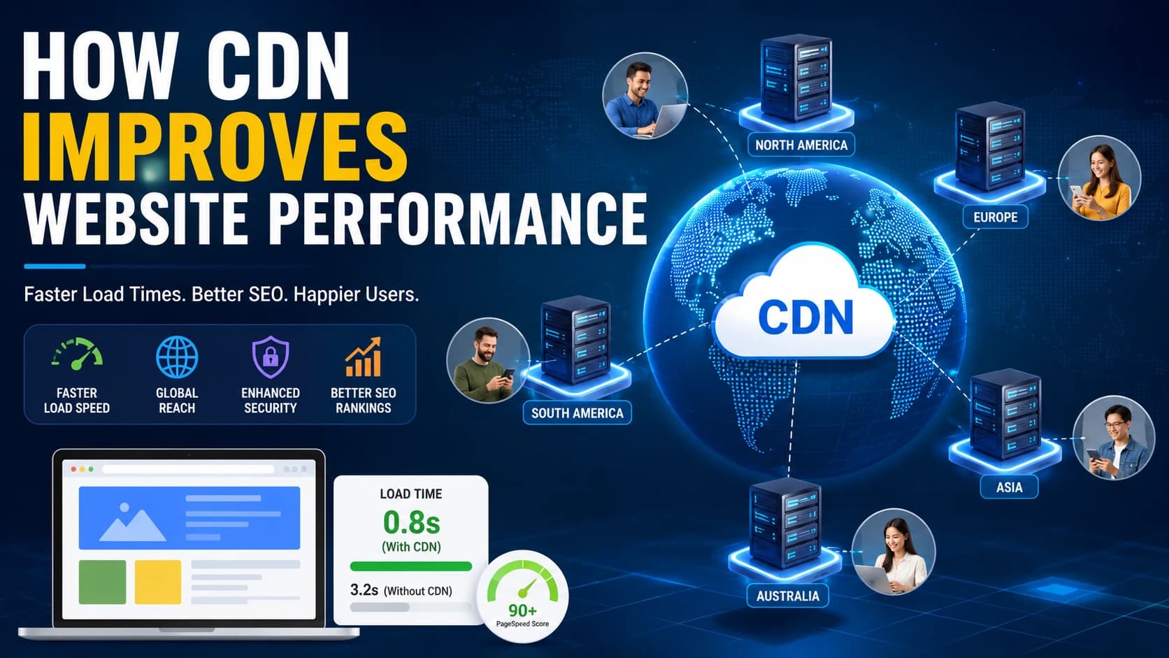 how CDN improves website performance with faster page loading, lower latency, global edge servers, improved SEO, enhanced security, and better Core Web Vitals